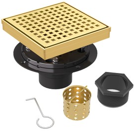 6 Inch Square Shower Drain | Brushed Gold Shower Drain with Flange, Hair Strainer & Removable Grid Cover, AISI 304 Stainless Steel Shower Floor Drain, in Bathroom, Kitchen, Balcony etc