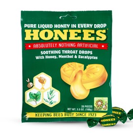 Honees Filled Menthol Cough Drops, Honey, Menthol & Eucalyptus Cough Drops- Natural Sore Throat Relief - Nothing Artificial -Throat Lozenges, Non-GMO (2 Pack –40 Drops)