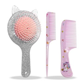 Detangling Brush Child Girl, Hair Brush and Comb Set Brush without Pulling Airbag Comb Cute Children's Hair Brush for Wet Dry Girl Hair 3 Pieces (Silver)