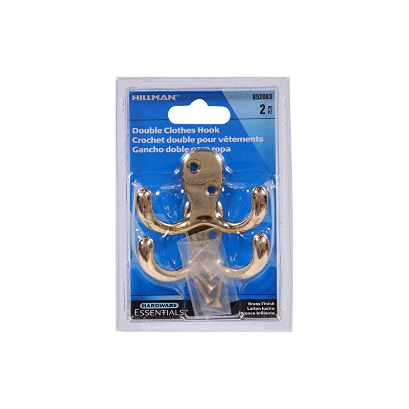 Hillman Hardware Essentials 852083 Double Clothes Hooks Brass -2 Pack