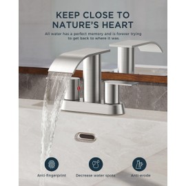 FORIOUS Waterfall Bathroom Faucets Brushed Nickel, Two Handles Centerset RV Bathroom Faucet with Metal Pop up Drain, 4 Inch Bathroom Sink Faucet for 2 or 3 Holes Basin,Vanity, Rv
