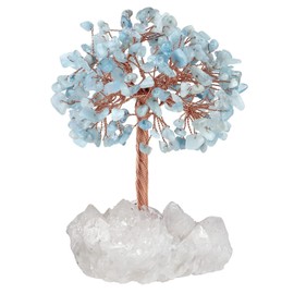 Nupuyai Aquamarine Crystal Tree of Life Gemstone Feng Shui Tree with Rock Crystal Druze Rough Stone Base Lucky Tree Money Tree Gift Wedding Feng Shui Decoration