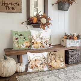 Bonhause Autumn Pumpkin Cushion Covers 45 x 45 cm Fall Leaf Wreath Floral Soft Velvet Decorative Throw Pillow Covers for Sofa Couch Bed Home Garden Patio Decor Set of 4