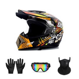 Motorcross Helmet, Off-Road Dirt Bike Helmet, ATV Helmet, Youth Motorcycle Helmet, Unisex Full-face Helmet, Comfortable and Lightweight, FMVSS-218 Safety Certified, 4 Piece Set (Small, Orange Modern)