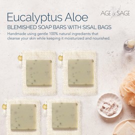 Age of Sage Natural Soap Bar w/ Sisal Bag, Vegan Artisan Soap Bar Set for Women, Body Soap in Bar Soap Pouch, Natural Bath Soaps w/ Essential Oils, 4 Plain Body Soap Bars, Eucalyptus Aloe