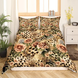 Juego de funda de edredón con estampado de leopardo, tamaño matrimonial, juego de ropa de cama de 3 piezas para niños, adolescentes, niñas, adultos, decoración de habitación, funda de edredón floral de animales salvajes, funda de edredón marrón con 2 fun