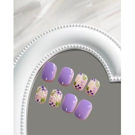 MABKJLF Press on Nails Short Square Flower Fake Nails Purple Full Cover False Nails with Flower Designs Glossy False Nails with Nail Glue Artificial Acrylic Nails for Women Girls 24 Pcs