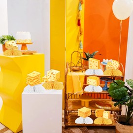 Sursurprise Cheese Themed Party Decorations, 8 Pieces Cheese Honeycomb Centerpieces, Cheese Table Topper Decor for Macaroni and Cheese Birthday Party Supplies