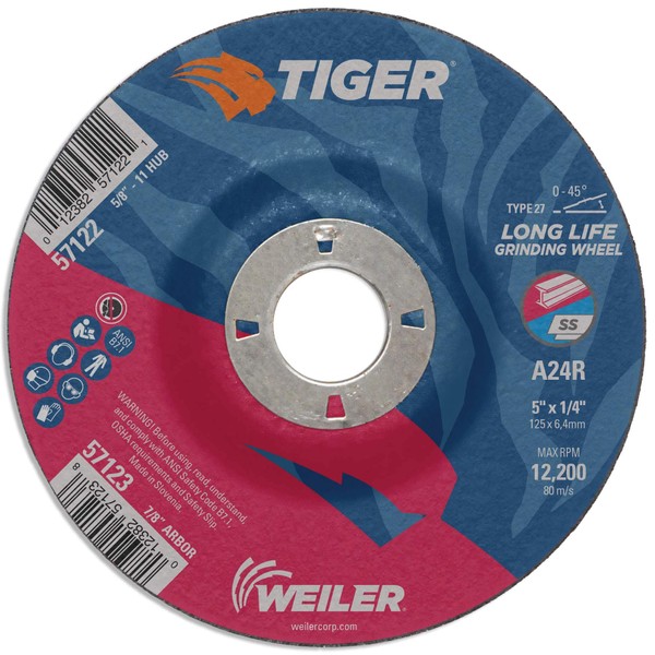 Weiler 57123 Tiger 5" Grinding Wheel, Type 27, 1/4" Thick, A24R, 7/8" A.H. (Pack of 10)