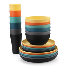 Wheat Straw Dinnerware Sets - SANLUNS 24 Piece Unbreakable Dinnerware Sets, Reusable Wheat Straw Plates and Bowls Sets, Travel Camping Cutlery Set, Dishwasher Microwave Safe Dinnerware Colourful