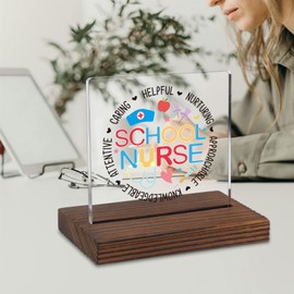 School Nurse Appreciation Gift, Acrylic Desk Sign with Positive Traits, Rustic Wood Base Decor for Nurse Recognition, National School Nurse Day, Retirement or Thank You 4.7x4.2 M03