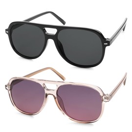 HERJOUR Retro Trendy Polarized Aviator Sunglasses Womens Mens 70s Classic Vintage Oversized Sun Glasses AR82278, Black Frame/Black Lens+transparent Frame/Pink Lens, Medium