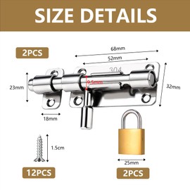 SUUFRUE Türriegel, 2 Stück Edelstahl 304 Schieberiegel Schiebeschloss, Riegelschloss mit Zwei Schlössern für Türen Fenster, Bolzenriegel Schlossriegel für Verriegelung von Innen- & Außentüren, Silber
