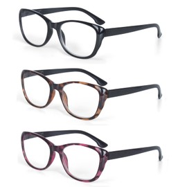 EYE ZOOM 3 Pack Cat Eye Style Reading Glasses Plastic Fashion Design Readers with Spring Hinge for Women, Black, Brown, Purple, +2.00 Strength