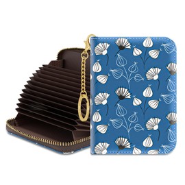 Rouidr Credit Card Holder for Women, Small Slim RFID Card Organizer Wallet with Zipper and Keychain, Blue White Plants