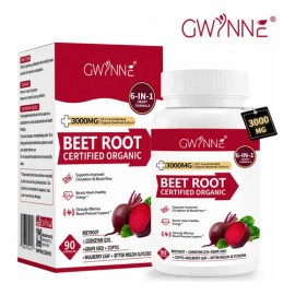 Gwynne Organic Beet Root Capsules 3000mg 90 Cápsulas Con Coq10,remolacha En Polvo Soporta Lmproved Circulación Y Flujo Sanguíneo,proporcionar Soporte Cardíaco Y De Presión Arterial