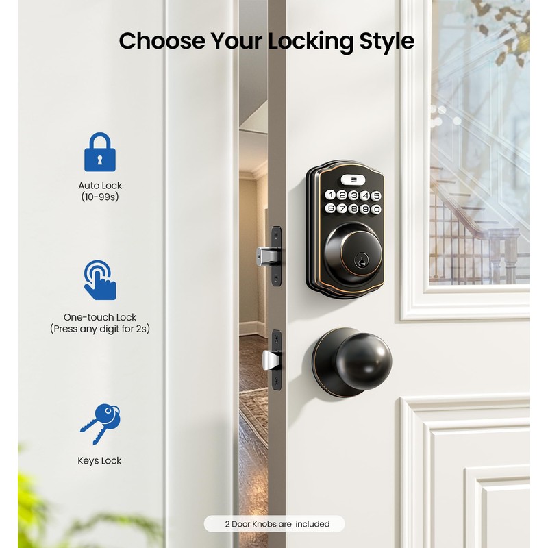 Veise Keyless Entry Door Lock with 2 Knobs, Electronic Backlit