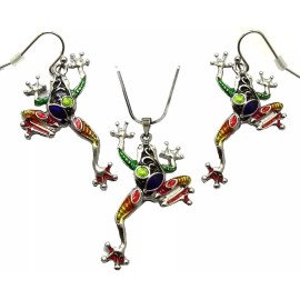 Unbranded Colorful Frog Pendant Necklace  Earrings Set with 21" Chain Enameled Gift Boxed