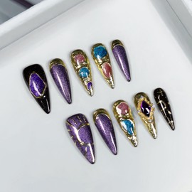 TENPAL Long Stiletto Press on Nails Handcrafted Fake Nails with Designs Luxury Irregular Cat Eyes Gold Purple Glossy Acrylic Nails Press Ons Full Cover Nail Tips Stick on Nails for Women(S)