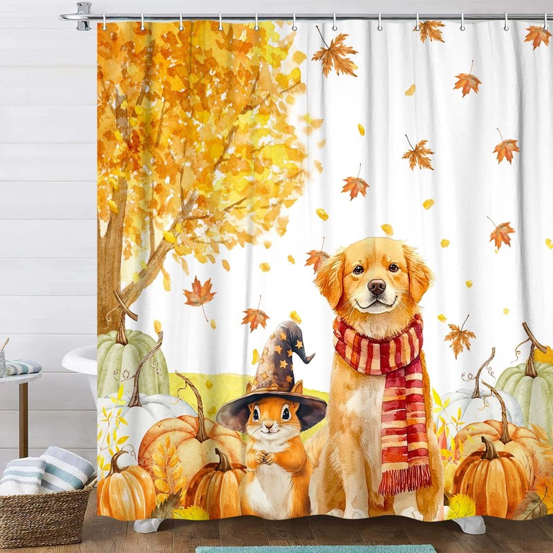 Fall Shower Curtain, Autumn Thanksgiving Pumpkin Cute Dog Squirrel Harvest