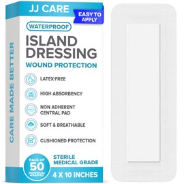 JJ CARE Waterproof Adhesive Island Dressing [Pack of 50], 4" x 10" Sterile Bordered Gauze, Breathable Island Wound Dressing, Individually Wrapped Adhesive Gauze Bandages with Non-Stick Central Pad