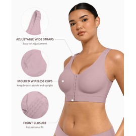 FeelinGirl Women Post Surgery Compression Bra Front Closure Surgical Breast Augmentation Post Op Bra with Adjustable Straps Purple L