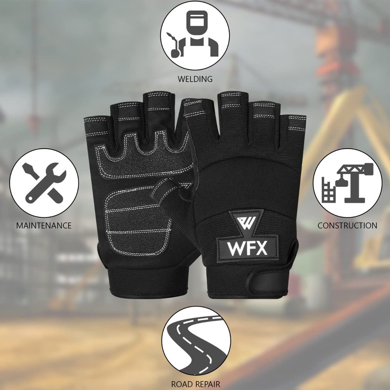 WFX Tough Fingerless Performance Gloves Protection Work Gloves, Padded Palm,