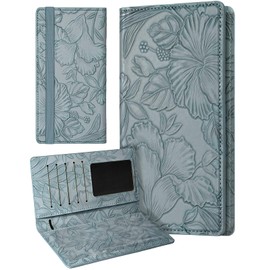 Slohif Embossed Leather Checkbook Cover for Women-Dusty Blue Personal Checkbook Holder for Top & Side Tear Duplicate Checks, Slim Wallet Style Check Book Cover