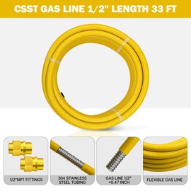 1/2" CSST Gas Line 33ft Flexible Gas Line,Corrugated Stainless Steel Tubing with 2 Male Fittings for Natural Gas and Propane