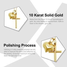 Gold Heart with Cross Pendant - 10 Karat Yellow Gold - 3D Puffed Heart - Optional Chain (18 Inch Gold Chain)