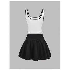 SweatyRocks Girl's 2 Piece Outfits Bow Tank Top and Ruffle A Line Skirts Clothing Set Black and White 13Y