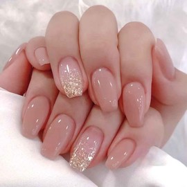 Enppode Medium Press on Nails Square Fake Nails Nude Nails Glossy Full Cover Nails for Women 24 PCS/Set