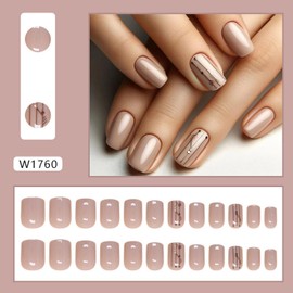 Fall Press on Short Square Fake Nails With Glitter Designs - Nude Stick on Full Cover Acrylic Nature Glossy Autumn False Nails - Glue on DIY Art Manicure Kit for Women Girls