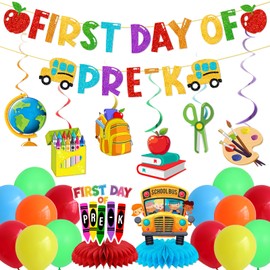 First Day of Pre K Decorations: First Day of Prek Banner Hanging Swirls Centerpieces Balloons First Day of Preschool Decorations for Kindergarten Home Classroom Decor