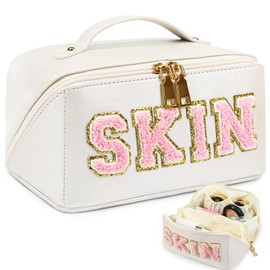 besharppin Large Capacity Travel Cosmetic Bag, Synthetic Leather Open Flat Makeup Bag for Women Letter Toiletry Bag with Dividers and Handle