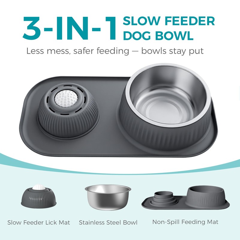 Dog Licking Bowl with Rolling Ball,Food and Water Bowl Set