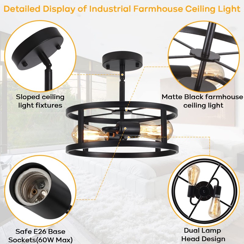 Heircido Industrial Black Semi Flush Mount Ceiling Light,Farmhouse Kitchen Lighting,