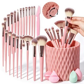 Set de Brochas de Maquillaje Profesional de 26 Piezas con Porta Brochas Giratorio, Incluye 20 Brochas, 2 Esponjas, 2 Borlas para Polvo y 1 Cuchilla de Cejas, para Ojos, Mejillas y Rostro