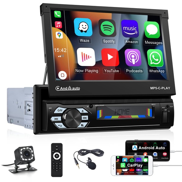 UNITOPSCI Single Din Car Stereo with Apple CarPlay Android Auto Bluetooth Motorized 7 Inch HD Flip Out Touch Screen FM Car Radio AUX-in USB TF Card Input Mirror Link SWC+Backup Camera Remote Control