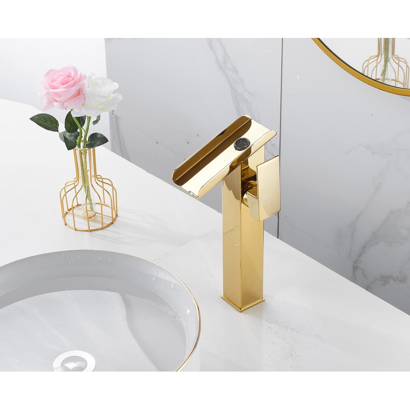 Bathroom Vessel Faucet Gold Waterfall Open Spout Basin Faucet Led