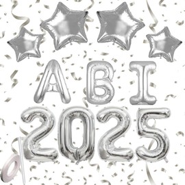 Graduation Decoration, Party Decoration, Pack of 13 New Year's Eve Balloons Including 4 x 2025 Numbers, 3 x ABI Letters, 4 x Stars, 1 x Straw, 1 x Ribbon Roll, for Graduation Feko Party 2025 (Silver)