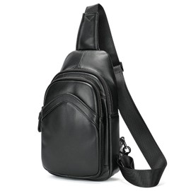MASIWEI Genuine Leather Sling Bag for Mens Crossbody Bag Shoulder Backpack Fashion Chest Bag Travel Hiking Daypack, Black