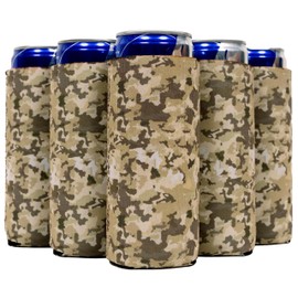 QualityPerfection Slim Can Cooler Sleeves, Beer/Energy Drink Pattern Skinny 12 oz Neoprene Coolie, Thermocoolers for 12 oz Tall Skinny Beverage - 6 Units (Desert Camo)