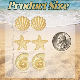 3Pcs 14K Gold Plated Ocean Stud Earrings Set - Seashell, Starfish & Conch Design, Hypoallergenic Beach Jewelry for Women, Summer Vacation Statement Earrings