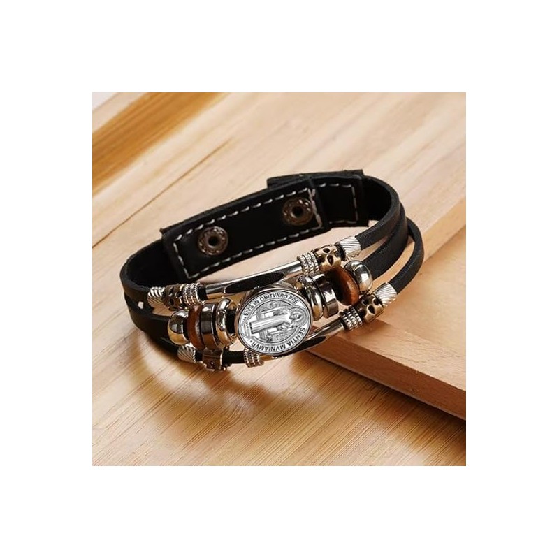 BaBakiak St Benedict Exorcism Medal Leather Bracelet, Multilayer with Beads