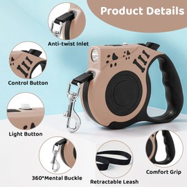 COSOWO Retractable Dog Leash with USB Rechargeable Flashlight for Night Walks, 16FT Automatic Telescopic Tractor Dog Leash for Small and Medium Dogs, Rice Beige
