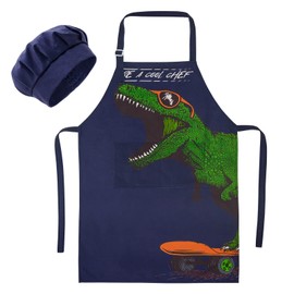 MHJY Kids Apron and Chef Hat for Boys Dinosaur Child Aprons with Pockets,Adjustable Apron for Cooking Baking Painting 3-12 Years