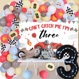 Fangleland Race Car 3rd Birthday Decorations for Boy, Can’t Catch Me I’m Three Racing Theme Birthday Party Supplies Decors with Balloons Garland Arch Kit and Backdrop Poster Vintage Red