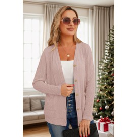 GRECERELLE Women's Cardigan Women's Elegant Twisted Cardigan for Autumn with Buttons, V-Neck and Practical Pockets, Thin and Stylish, 08 Pink