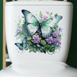 Bonfage Colorful Butterfly Flower Toilet Cover Sticker Decals,Fish Bird Flower Leaf Waterproof Toilet Lid Tank Seat Decals Cistern Self-Adhesive Bathroom Wall Sticker, White